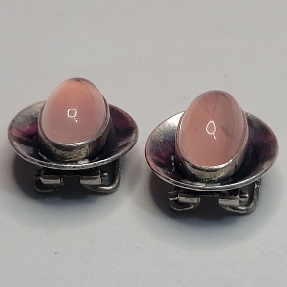 Vintage 835 Silver And Rose Quartz Clip On Earrings - Picture 8 of 9
